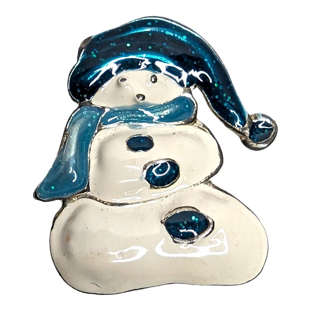 Enamel Brooch Pin Jewelry Snowman with Blue Hat‎ Scarf & Buttons Christmas Vtg